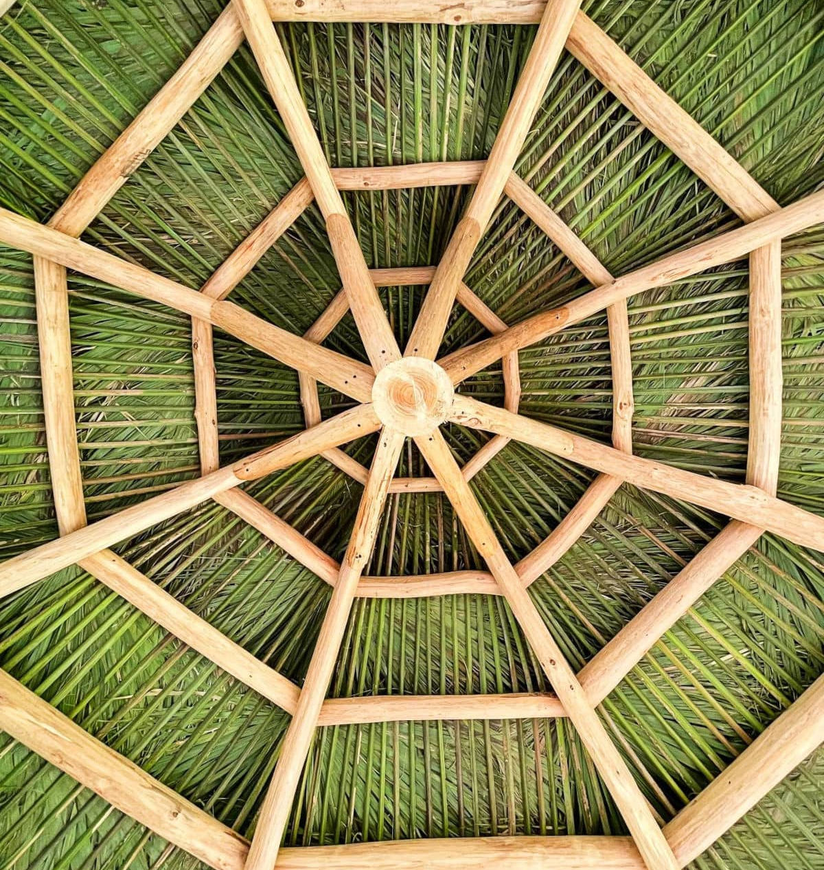 View looking straight up at the underside of a fresh built tiki roof.